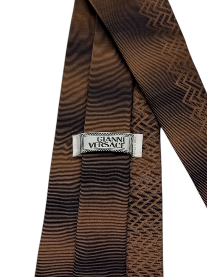 Gianni Versace Silk Tie – Brown Ombre with Geometric Chevron Pattern