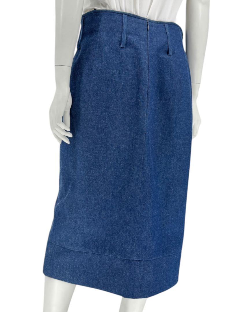 Christian Dior Boutique Blue Denim Midi Skirt with Gold Buttons – Size 14