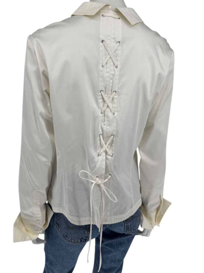 Escada White Cotton-Blend Lace-Up Back Dress Shirt – Size 42
