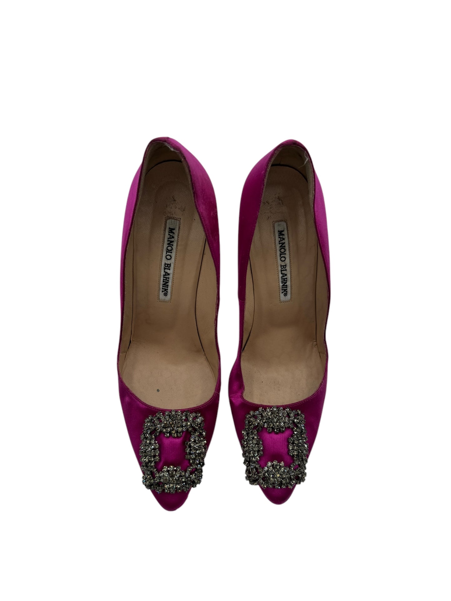 Manolo Blahnik Fuchsia Satin and Crystal Buckle Hangisi Pumps Size 38.5