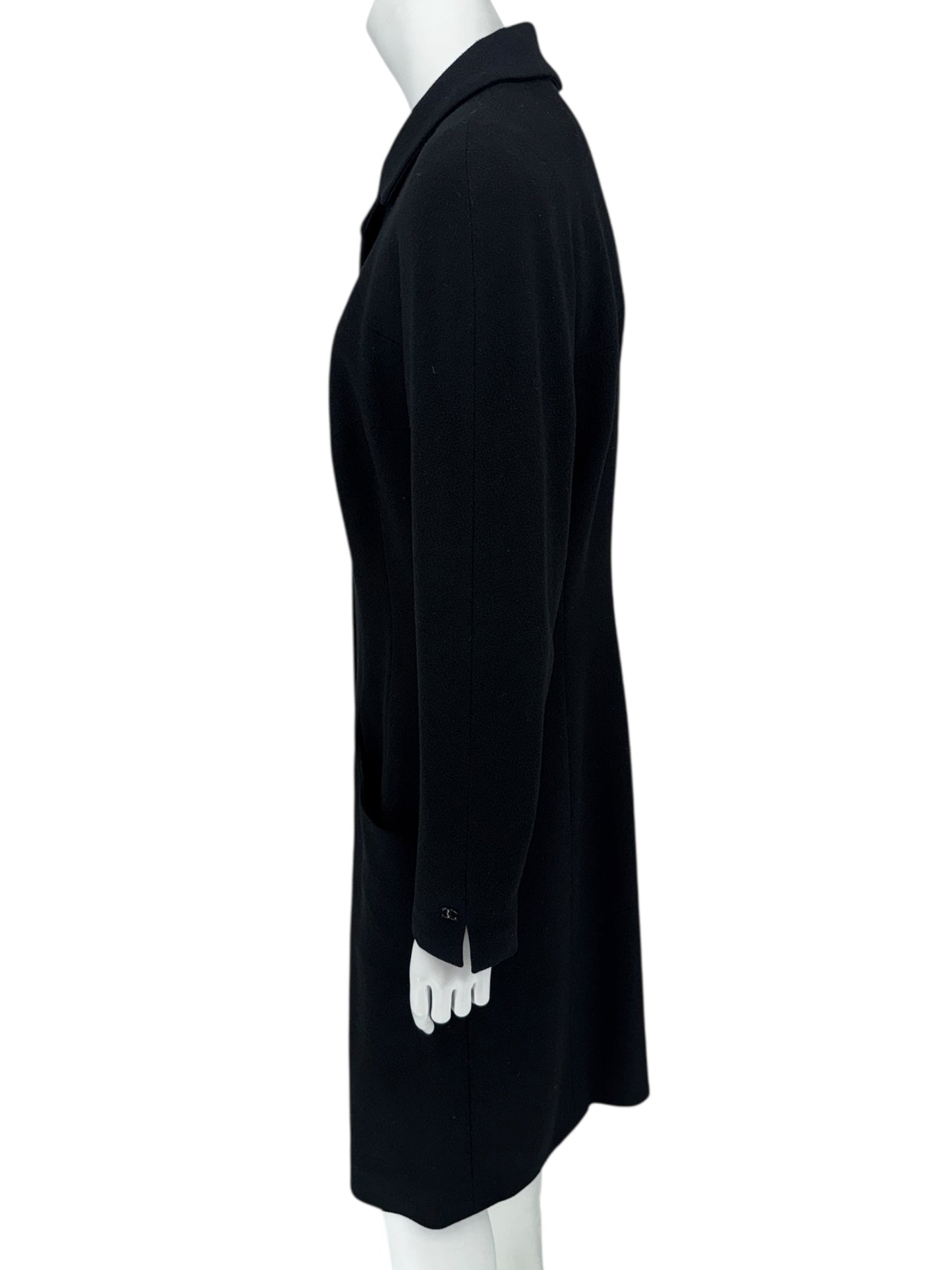 Chanel F/W 02 Long Black Wool Jacket Pearl Buttons - Size 44