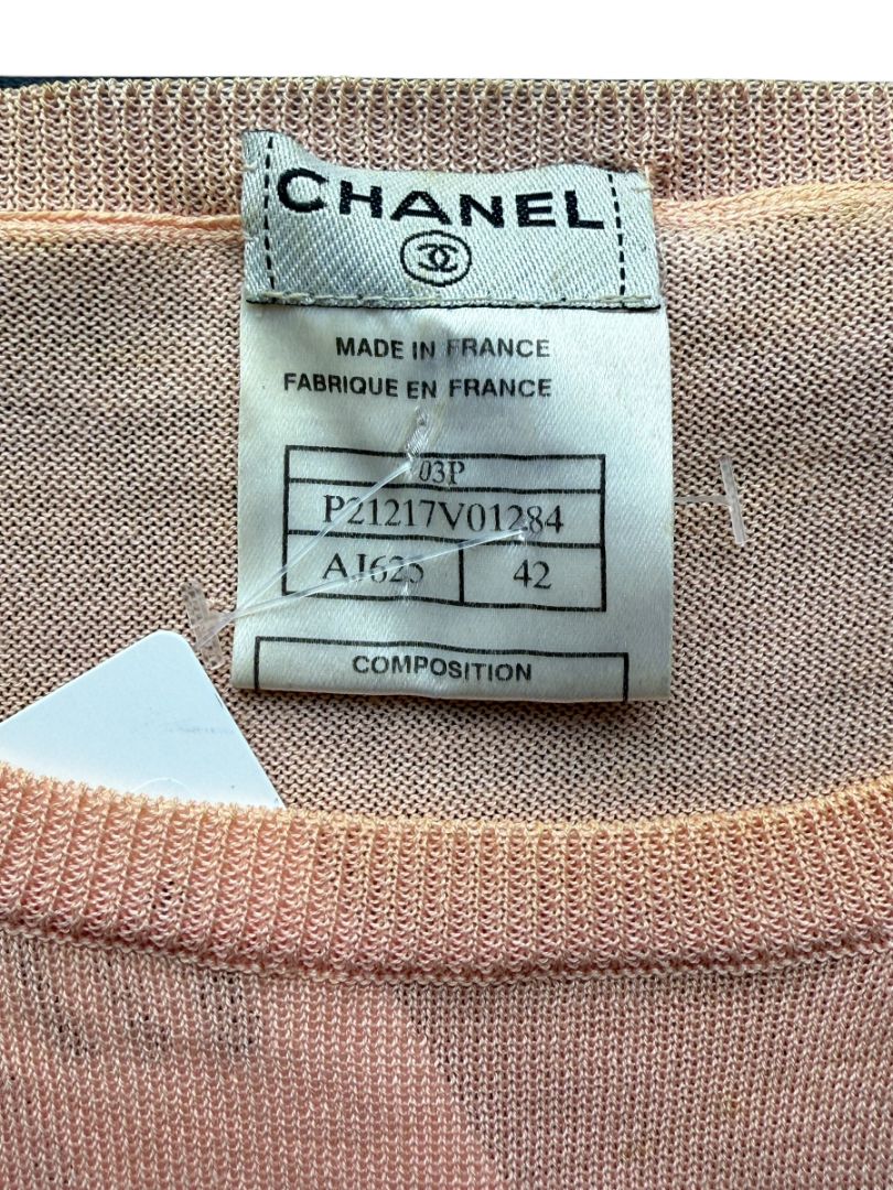Chanel Peach Knit Logo Tee – Size FR 42 (US 8/10)