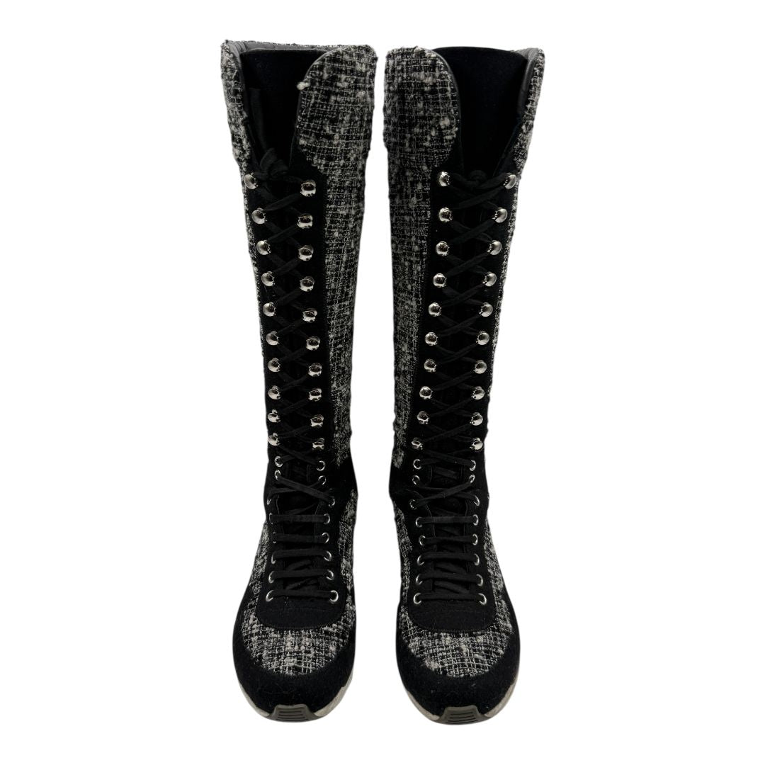 Chanel Tweed & Suede Lace-Up Knee-High Sneakers – Size 40 (EU)