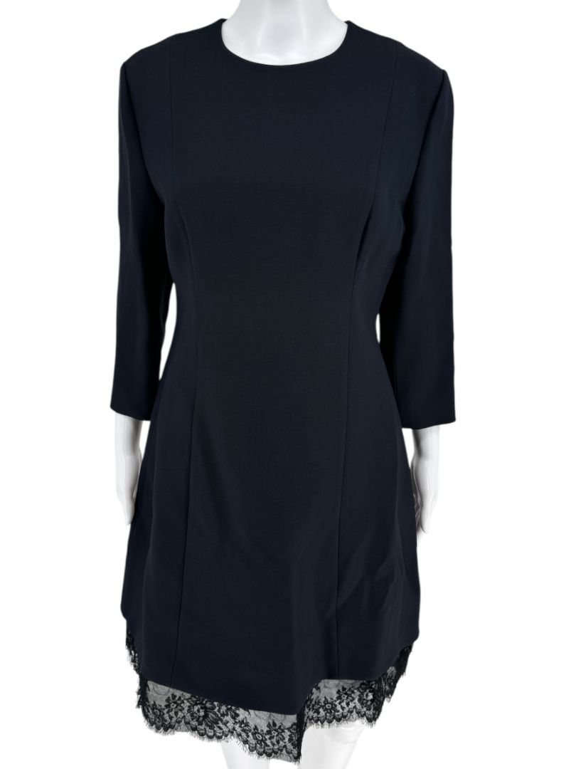 Christian Dior Navy Wool-Silk Dress with Lace Hem  - Size 12