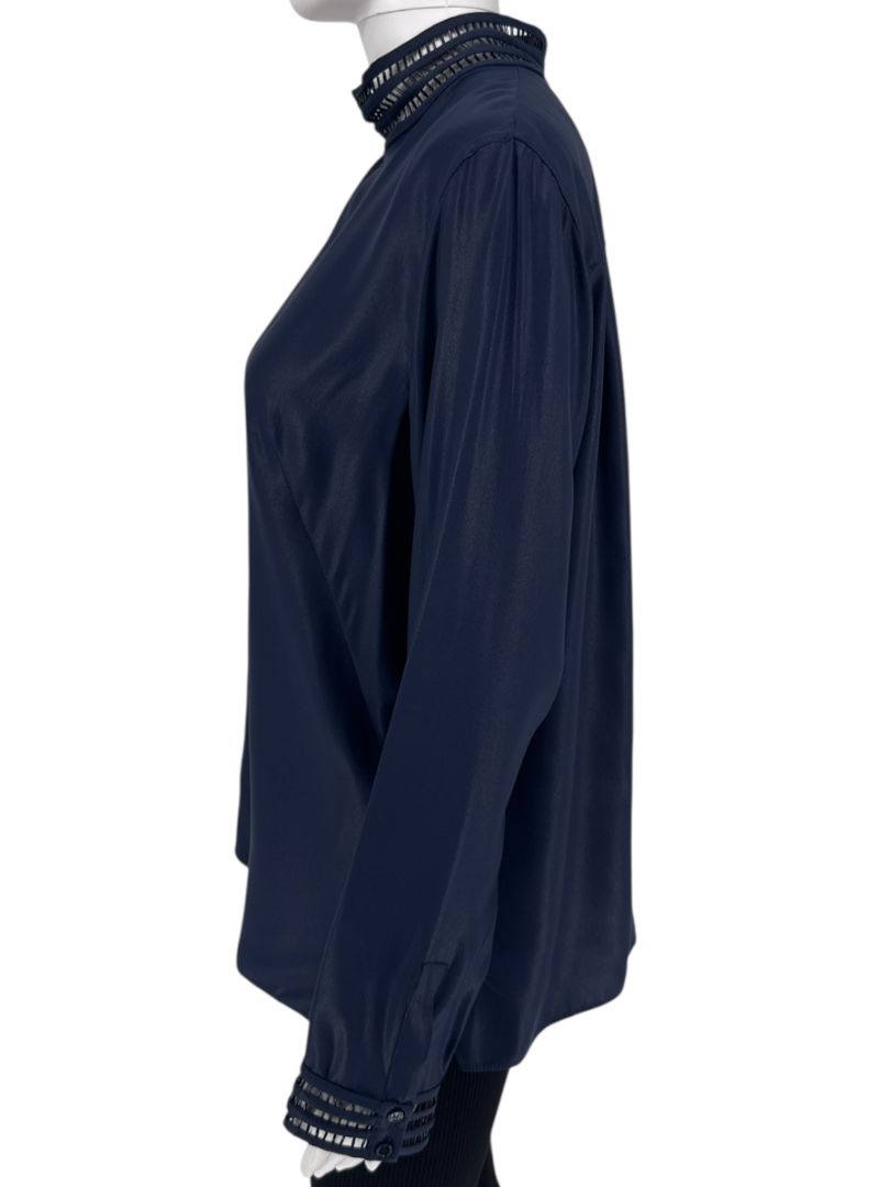 Akris Navy Mulberry Silk Blouse with Jewelry Trim – Size US 8 / FR 40 / DE 38
