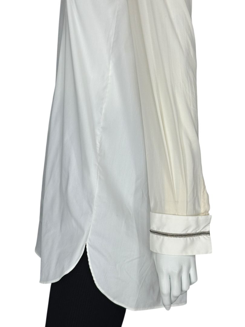 Brunello Cucinelli White Long Sleeve Blouse with Monili Trim Cuffs – Size XL