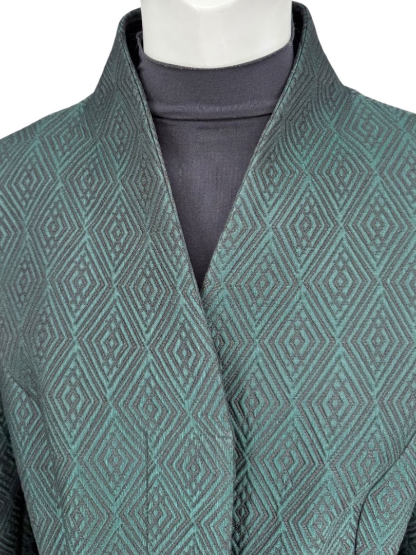 Pamella Roland Emerald Green Jacquard Coat with Fur-Trimmed Sleeves – Large