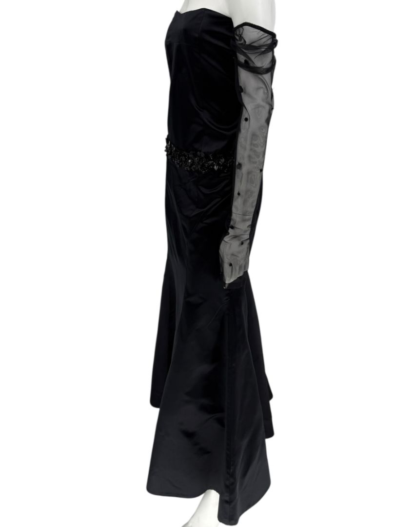 Pamella Roland Black Strapless Evening Dress Embellished Waist Sheer Sleeve Formal Gown - Size 6