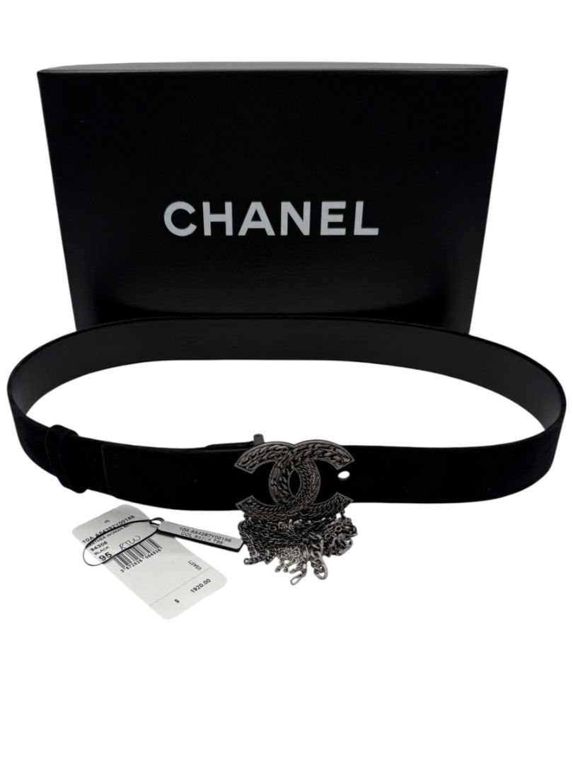 Chanel Ruthenium Chain-Fringe CC Belt – Black Suede – Very Good Condition