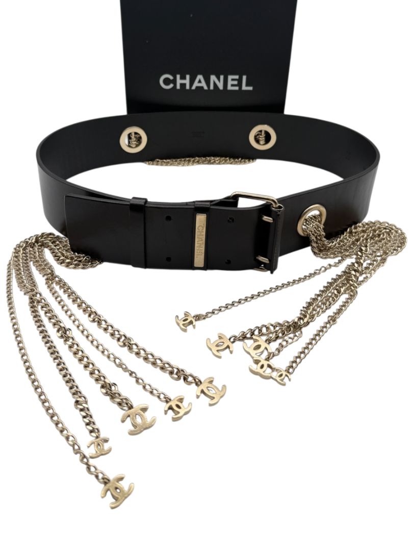 Chanel Spring 2008 Black Leather Gold Chain Accent Belt – Size 90/36