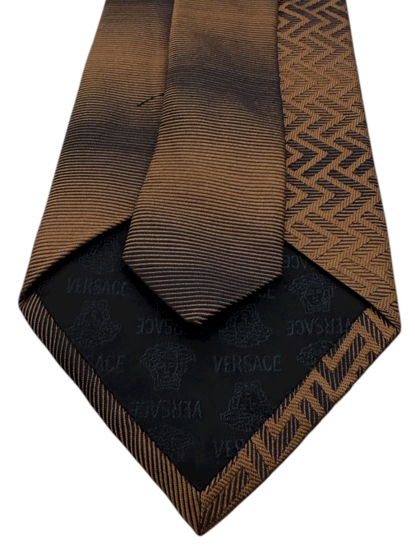 Gianni Versace Silk Tie – Brown Ombre with Geometric Chevron Pattern