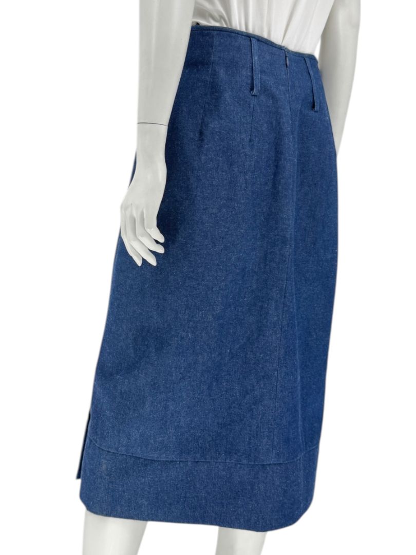 Christian Dior Boutique Blue Denim Midi Skirt with Gold Buttons – Size 14