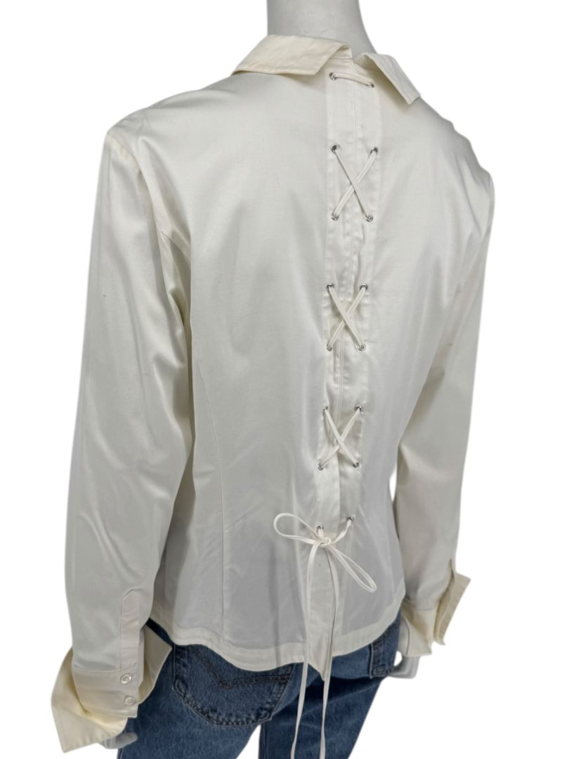 Escada White Cotton-Blend Lace-Up Back Dress Shirt – Size 42