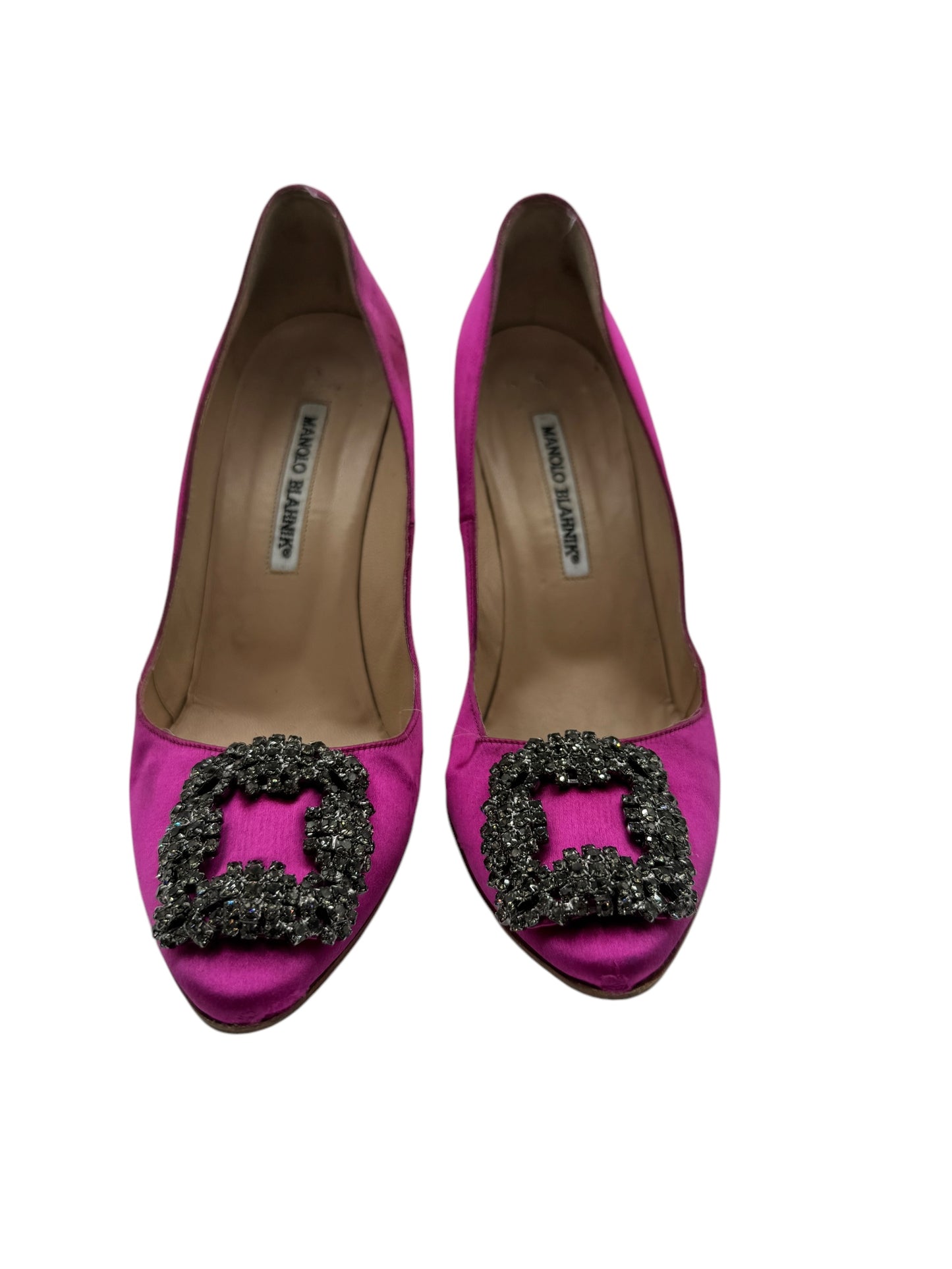 Manolo Blahnik Fuchsia Satin and Crystal Buckle Hangisi Pumps Size 38.5