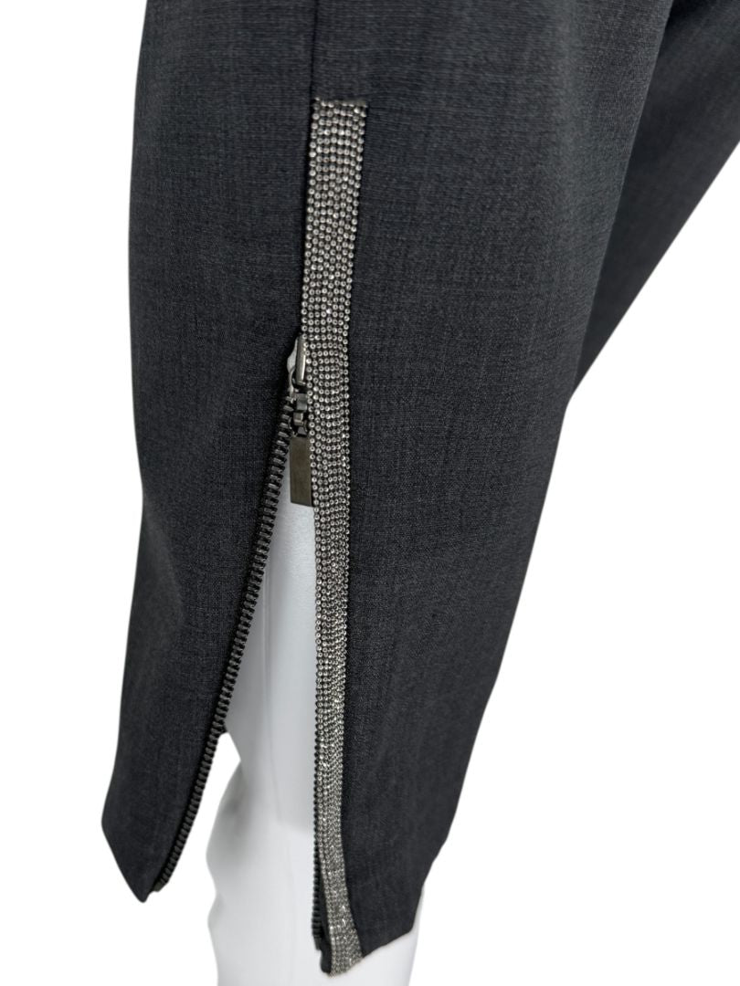 Brunello Cucinelli Grey Wool-Blend Slim Pants with Monili Trim – Size IT 44 / US 8