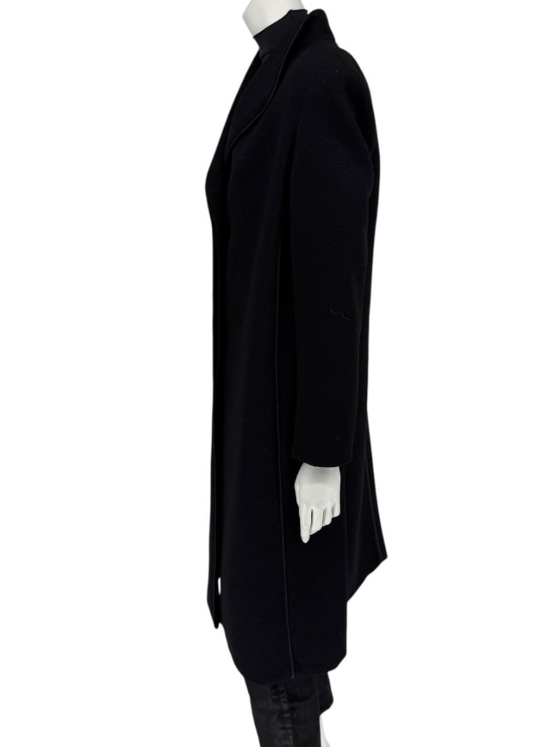 Pamella Roland Black Longline Coat Piped Trim Open Front Designer Outerwear Fits L