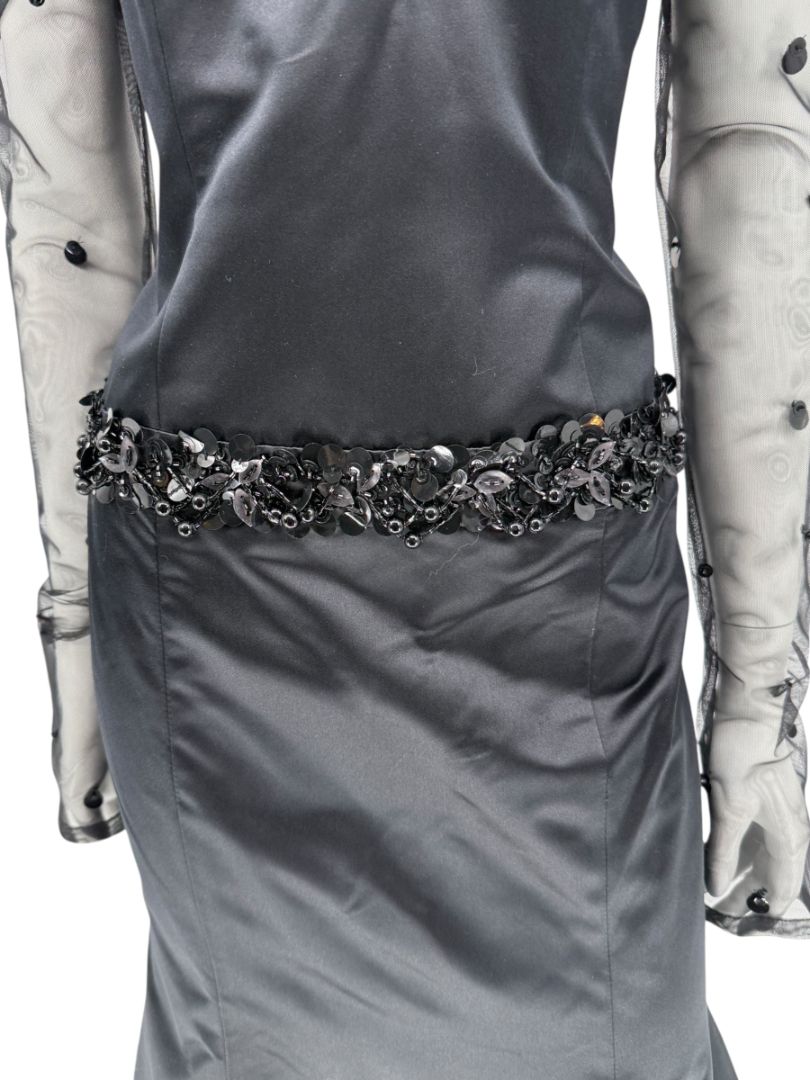 Pamella Roland Black Strapless Evening Dress Embellished Waist Sheer Sleeve Formal Gown - Size 6