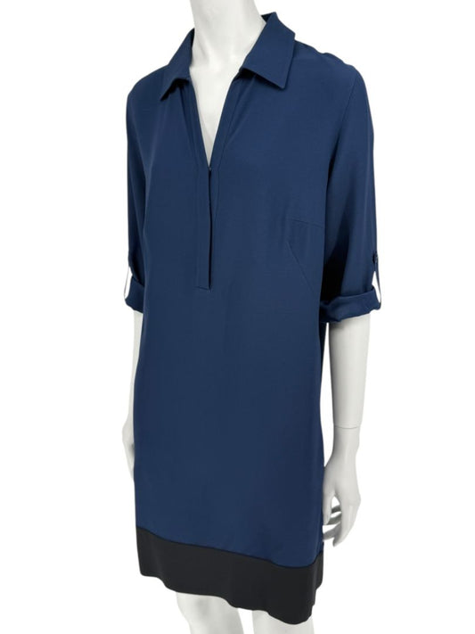 Akris Punto Navy Blue Viscose Acetate Tunic Dress Black Hem Roll Tab Sleeve - US 10