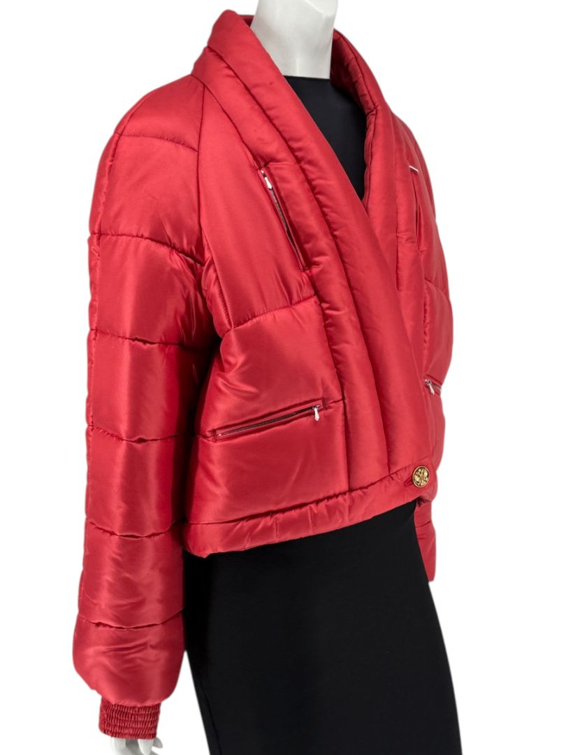 Chanel 2009 Paris Moscow Métiers d’Art Red Silk Puffer Bomber Jacket - Size 44