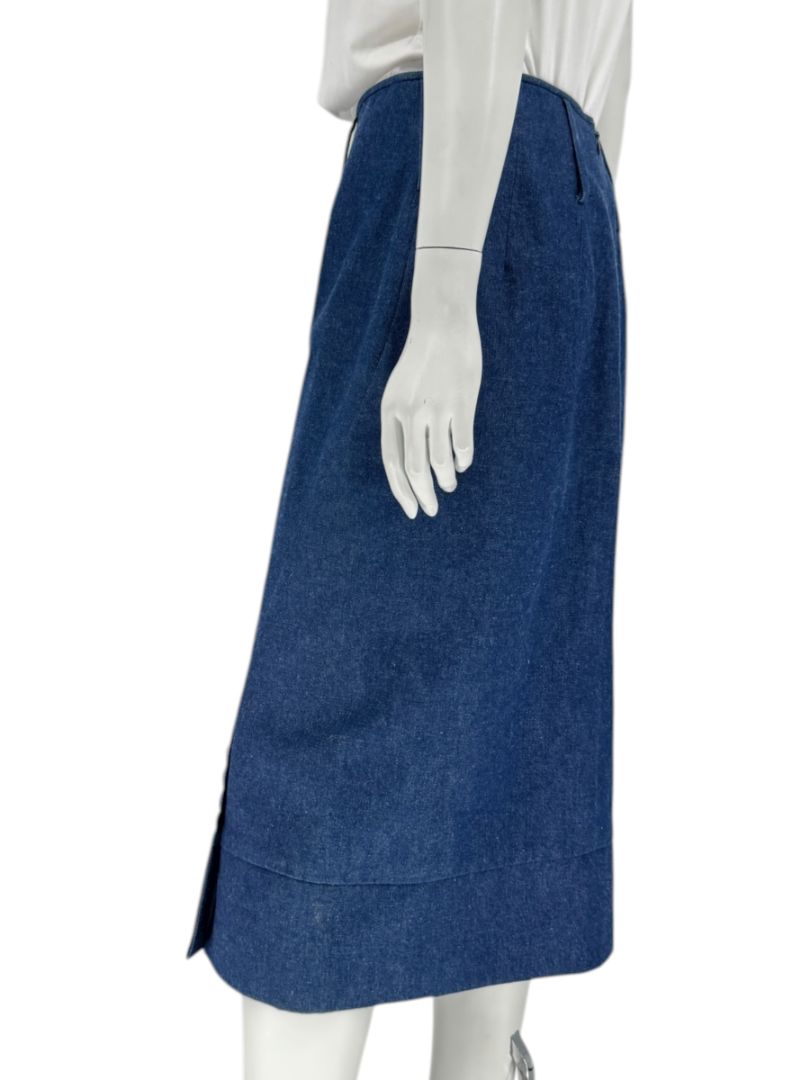 Christian Dior Boutique Blue Denim Midi Skirt with Gold Buttons – Size 14