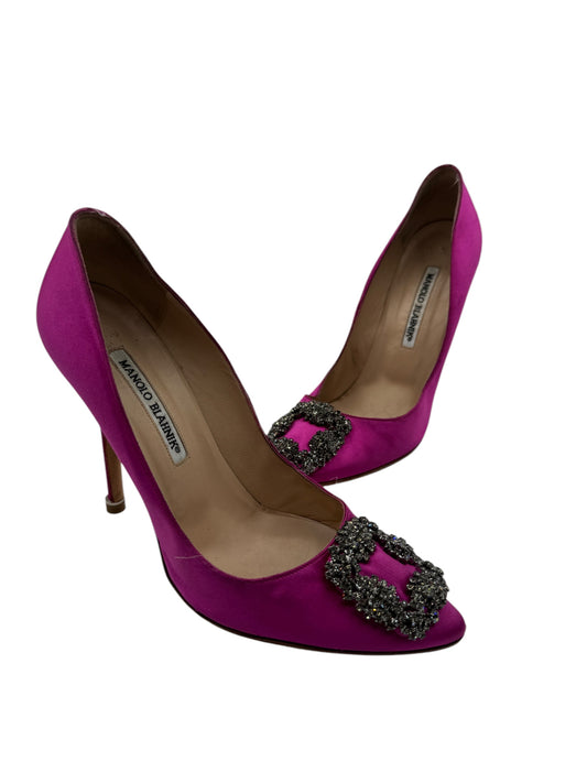 Manolo Blahnik Fuchsia Satin and Crystal Buckle Hangisi Pumps Size 38.5