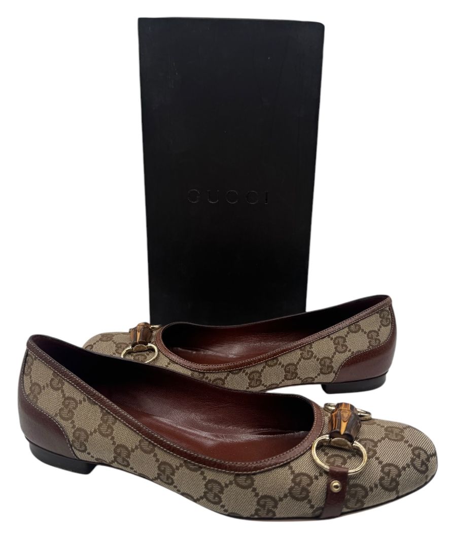 Gucci GG Canvas & Leather Bamboo Horsebit Flats – Size 11B (Made in Italy)
