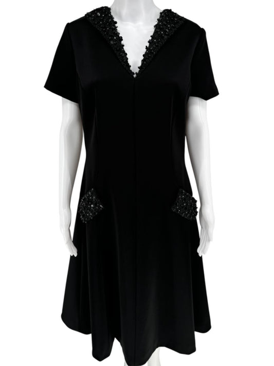 Pamella Roland Black A-Line Dress with Beaded Neckline & Pocket Detail - Large