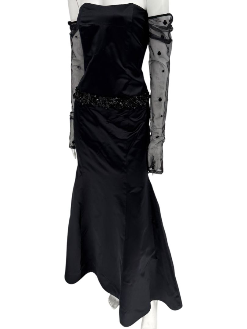 Pamella Roland Black Strapless Evening Dress Embellished Waist Sheer Sleeve Formal Gown - Size 6