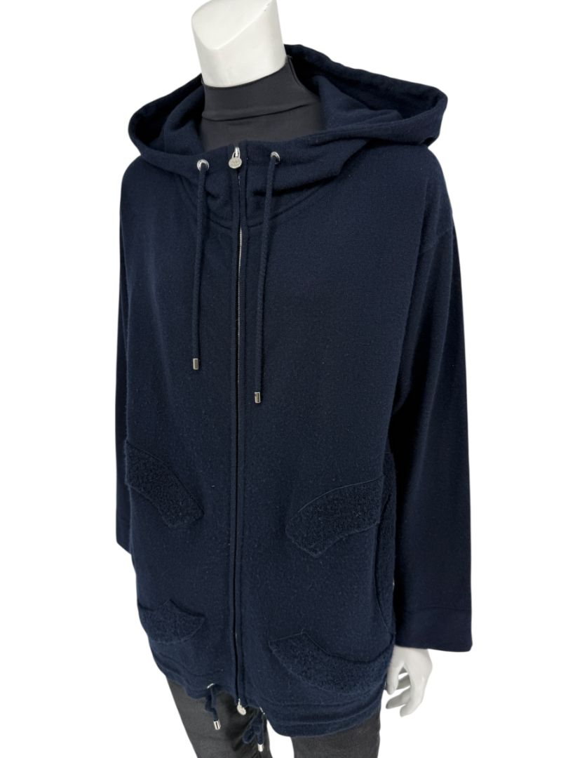 Chanel Navy Blue Cashmere Hoodie with Silver Hardware – Size 36