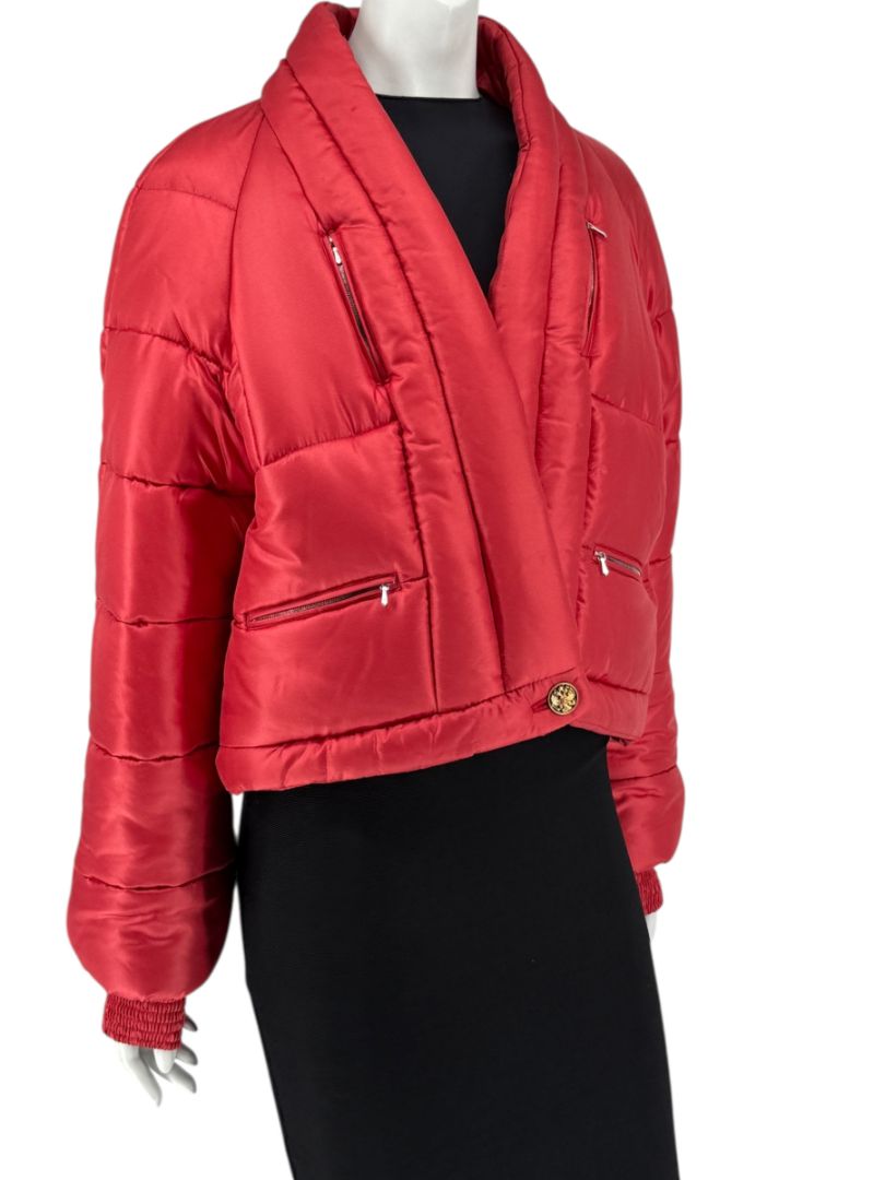 Chanel 2009 Paris Moscow Métiers d’Art Red Silk Puffer Bomber Jacket - Size 44