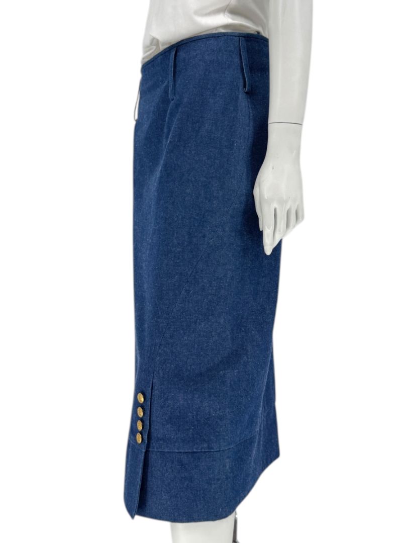 Christian Dior Boutique Blue Denim Midi Skirt with Gold Buttons – Size 14