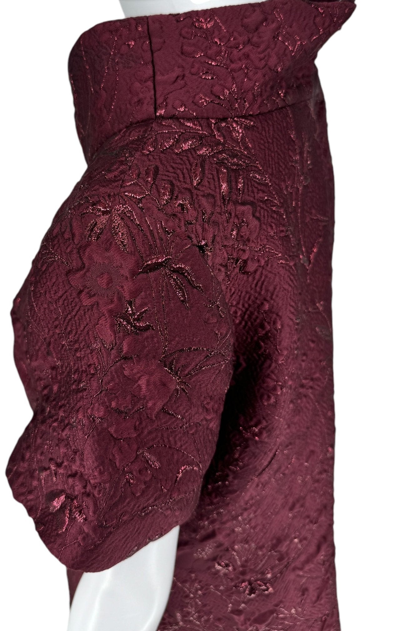 Pamella Roland -Bordeaux/Merlot/Wine Brocade Metallic Floral – Stand Collar, Cap sleeve, A-line dress. Size 8/10