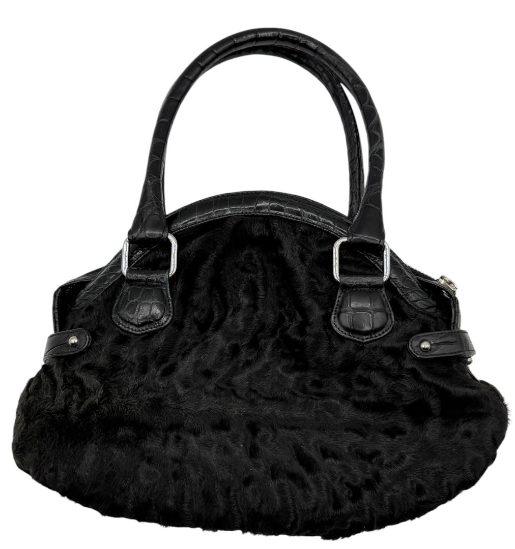 Darby Scott x Dennis Basso Black Faux Fur & Embossed Leather Satchel – Very Good Preowned Condition