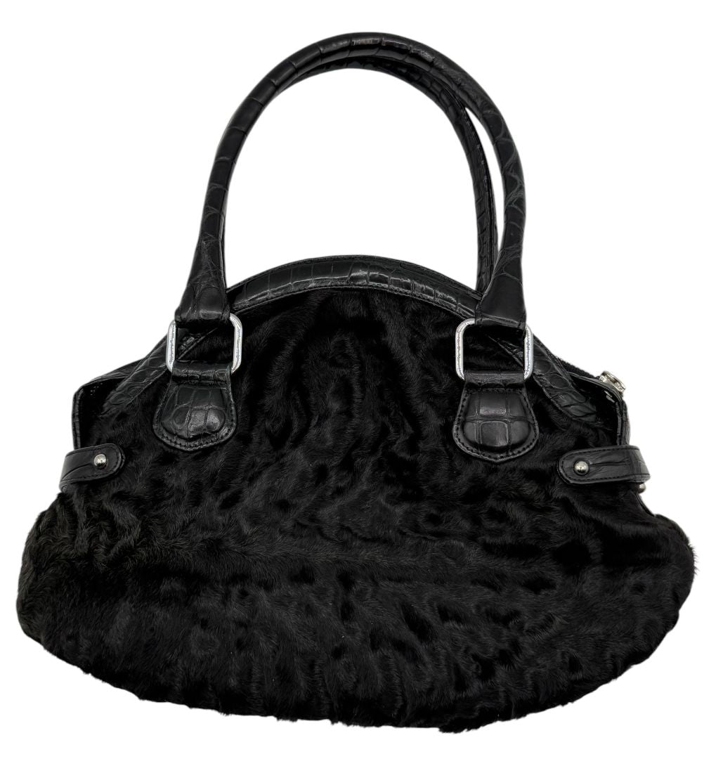 Darby Scott x Dennis Basso Black Faux Fur & Embossed Leather Satchel – Very Good Preowned Condition