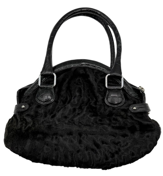 Darby Scott x Dennis Basso Black Faux Fur & Embossed Leather Satchel – Very Good Preowned Condition