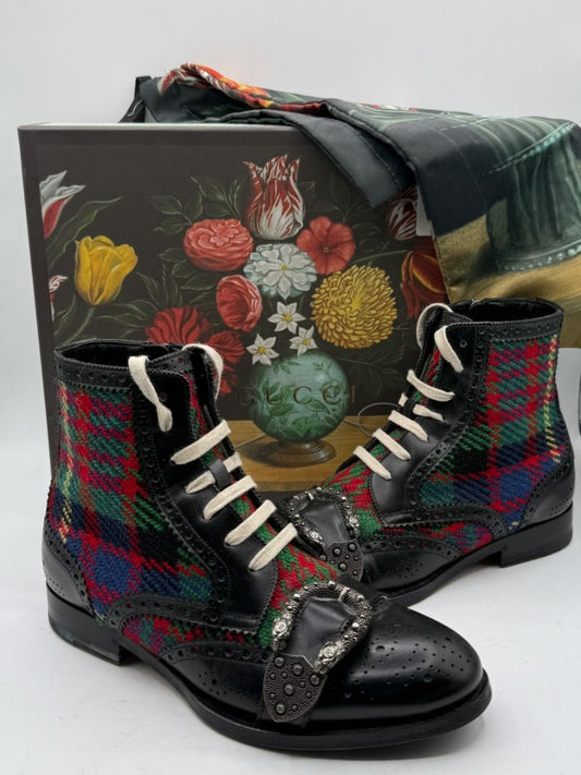 Gucci Tartan Wool & Leather Buckle Combat Boots – Men’s Size 6 (EU 40)