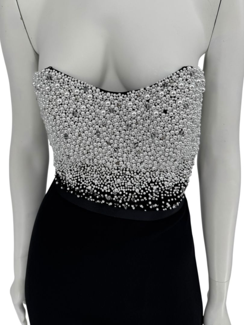 Pamella Roland Black Strapless Gown Silver Pearl Crystal Beaded Bodice Size 8 Evening Dress