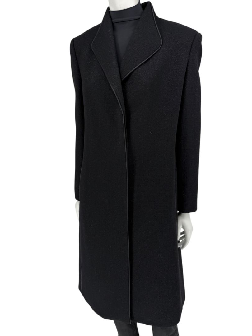 Pamella Roland Black Longline Coat Piped Trim Open Front Designer Outerwear Fits L