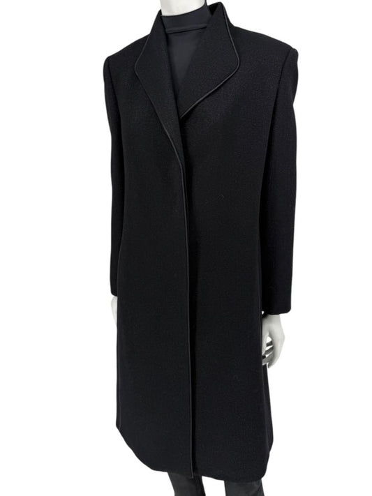 Pamella Roland Black Longline Coat Piped Trim Open Front Designer Outerwear Fits L