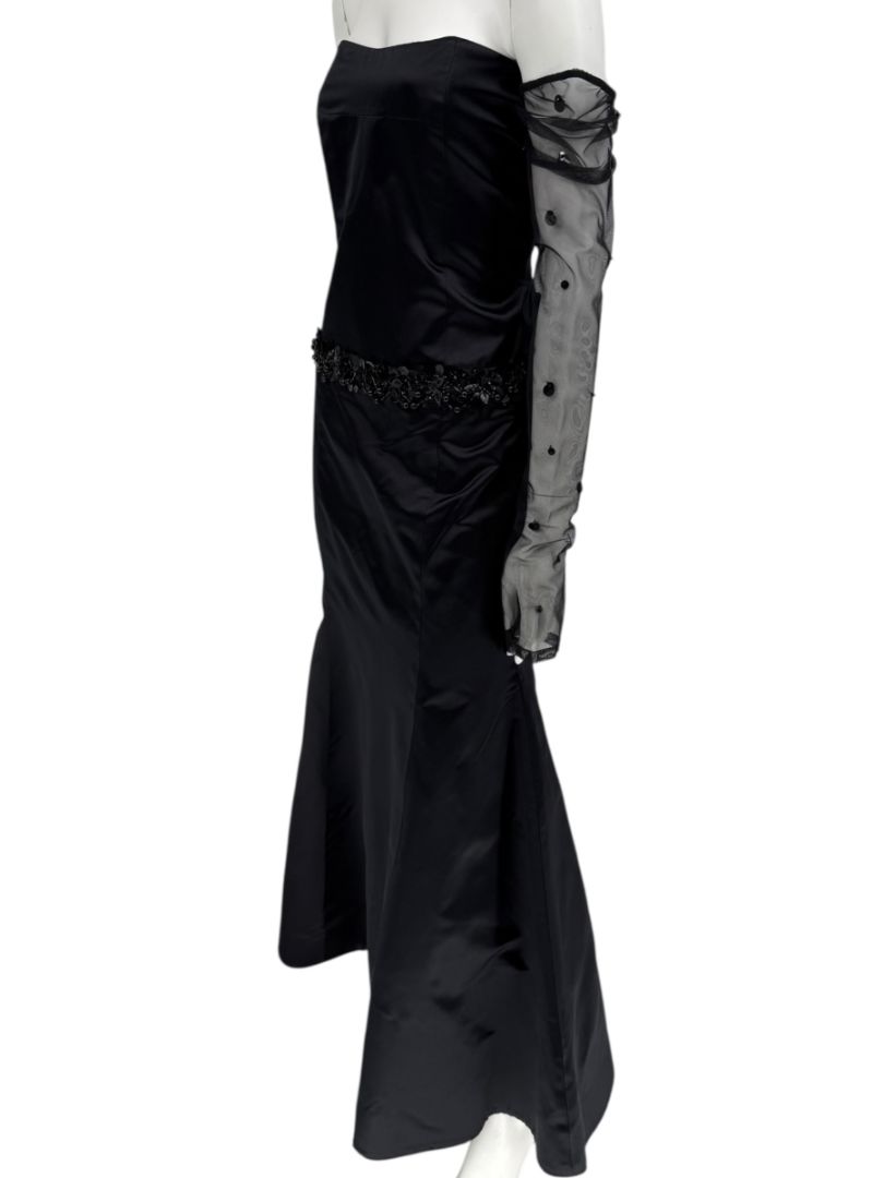 Pamella Roland Black Strapless Evening Dress Embellished Waist Sheer Sleeve Formal Gown - Size 6