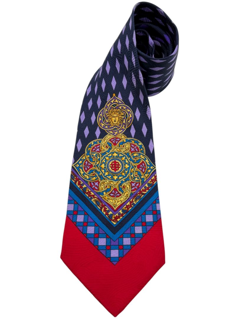 Gianni Versace Silk Tie – Medusa & Geometric Motif – Made in Spain