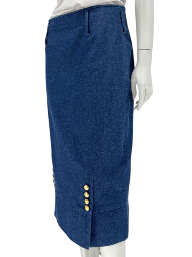 Christian Dior Boutique Blue Denim Midi Skirt with Gold Buttons – Size 14