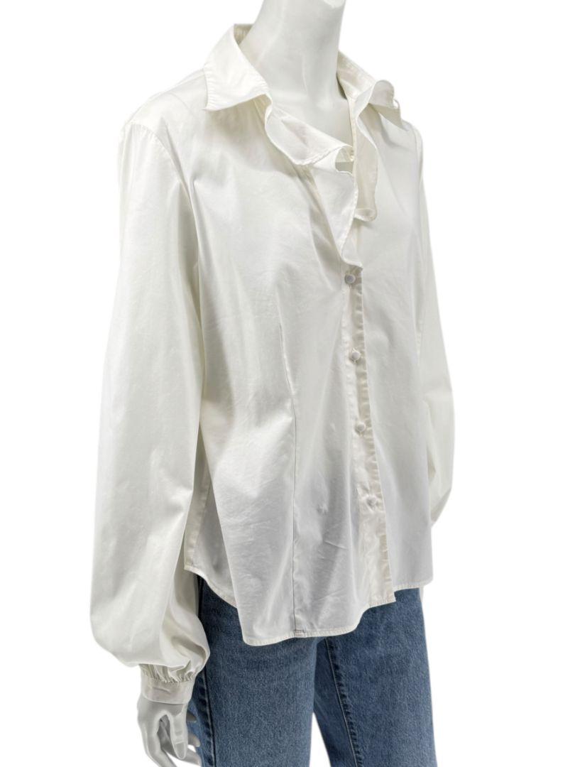 Lafayette 148 New York Ivory Cotton Blend Ruffle-Collar Blouse – Size 12