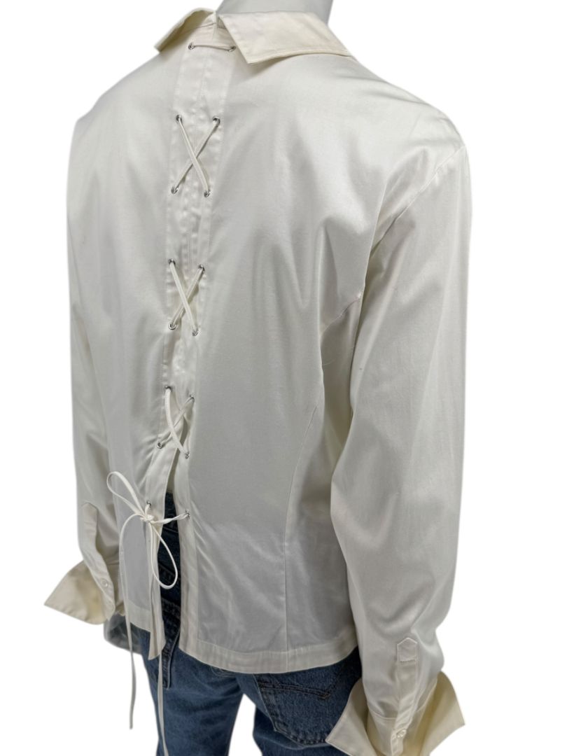 Escada White Cotton-Blend Lace-Up Back Dress Shirt – Size 42