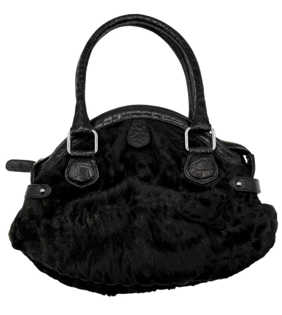 Darby Scott x Dennis Basso Black Faux Fur & Embossed Leather Satchel – Very Good Preowned Condition