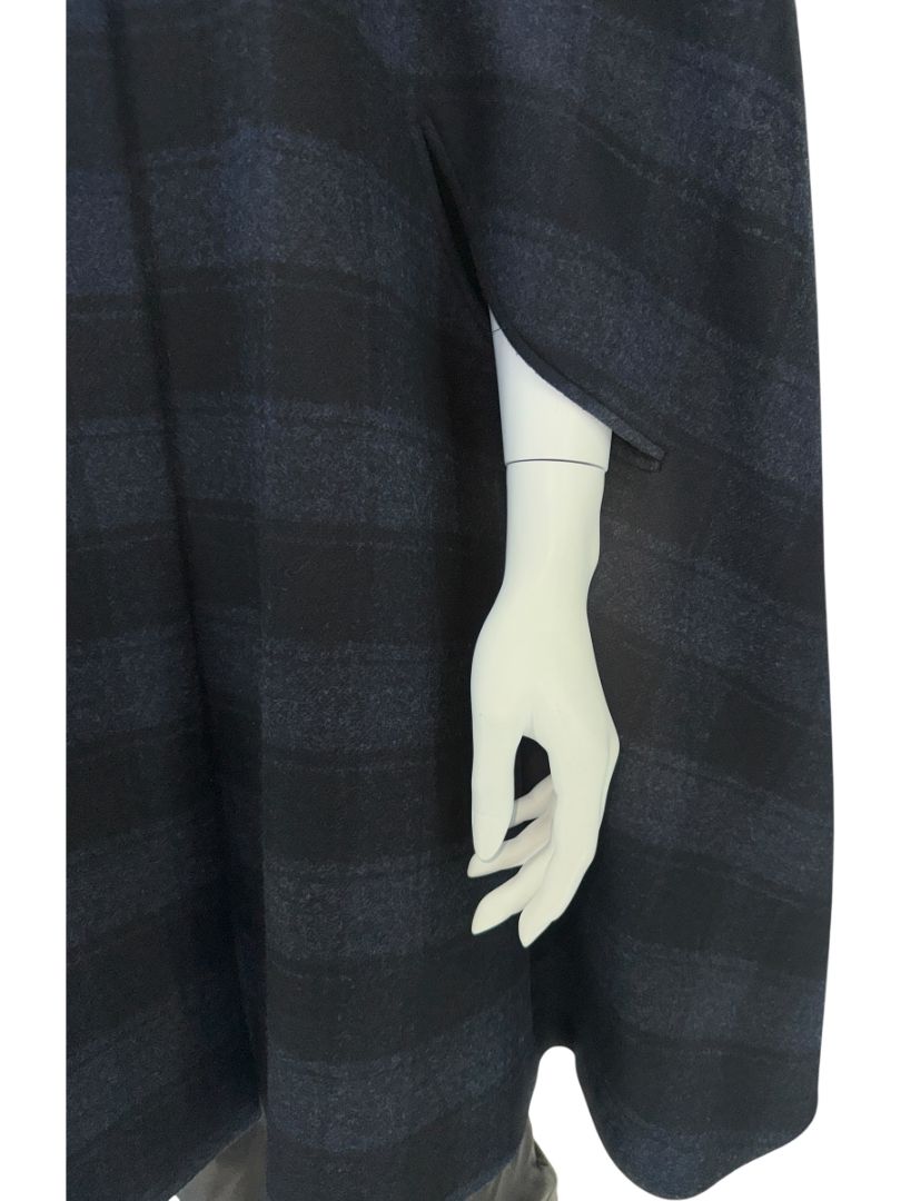 *RARE* Chanel Navy & Black Plaid Wool Hooded Cape with Logo Buttons – Size FR 44