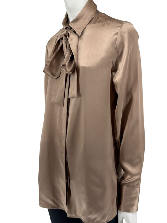 Brand New Kiton Bronze Silk Bow Blouse – Size 46
