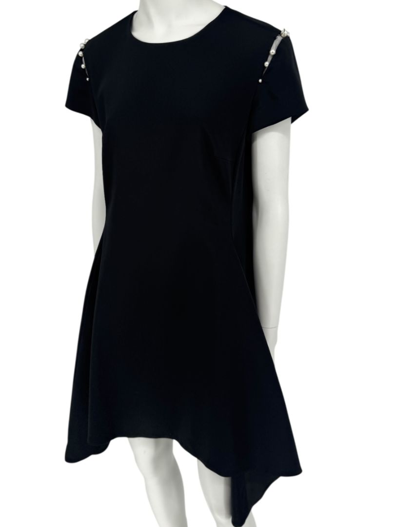 Pamella Roland Black Pearl-Trim Sleeve Handkerchief Hem Dress – Large