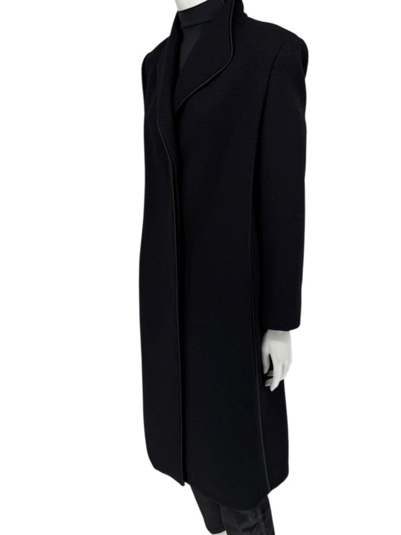 Pamella Roland Black Longline Coat Piped Trim Open Front Designer Outerwear Fits L