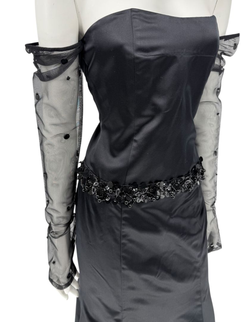 Pamella Roland Black Strapless Evening Dress Embellished Waist Sheer Sleeve Formal Gown - Size 6